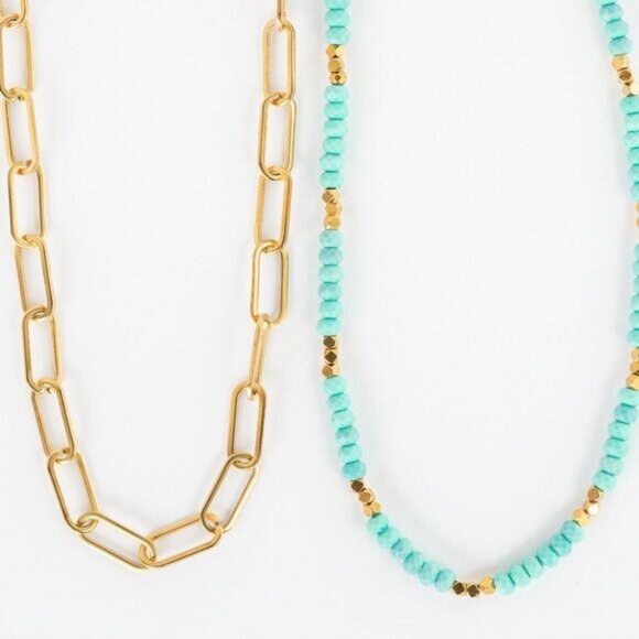Turquoise BUNDLE WATERPROOF Gold Chunky Chain & Turquoise Beaded Necklace PRETTY - Picture 1 of 10